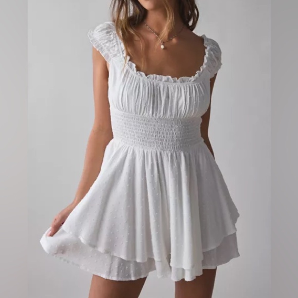 Urban Outfitters White Smocked Dot Romper